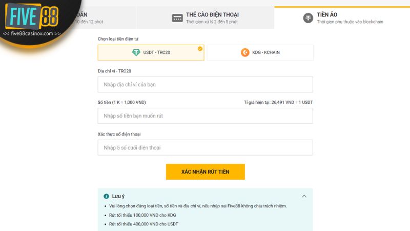 Rút tiền FIVE88 qua tiền ảo là lựa chọn phổ biến nhờ tính bảo mật cao